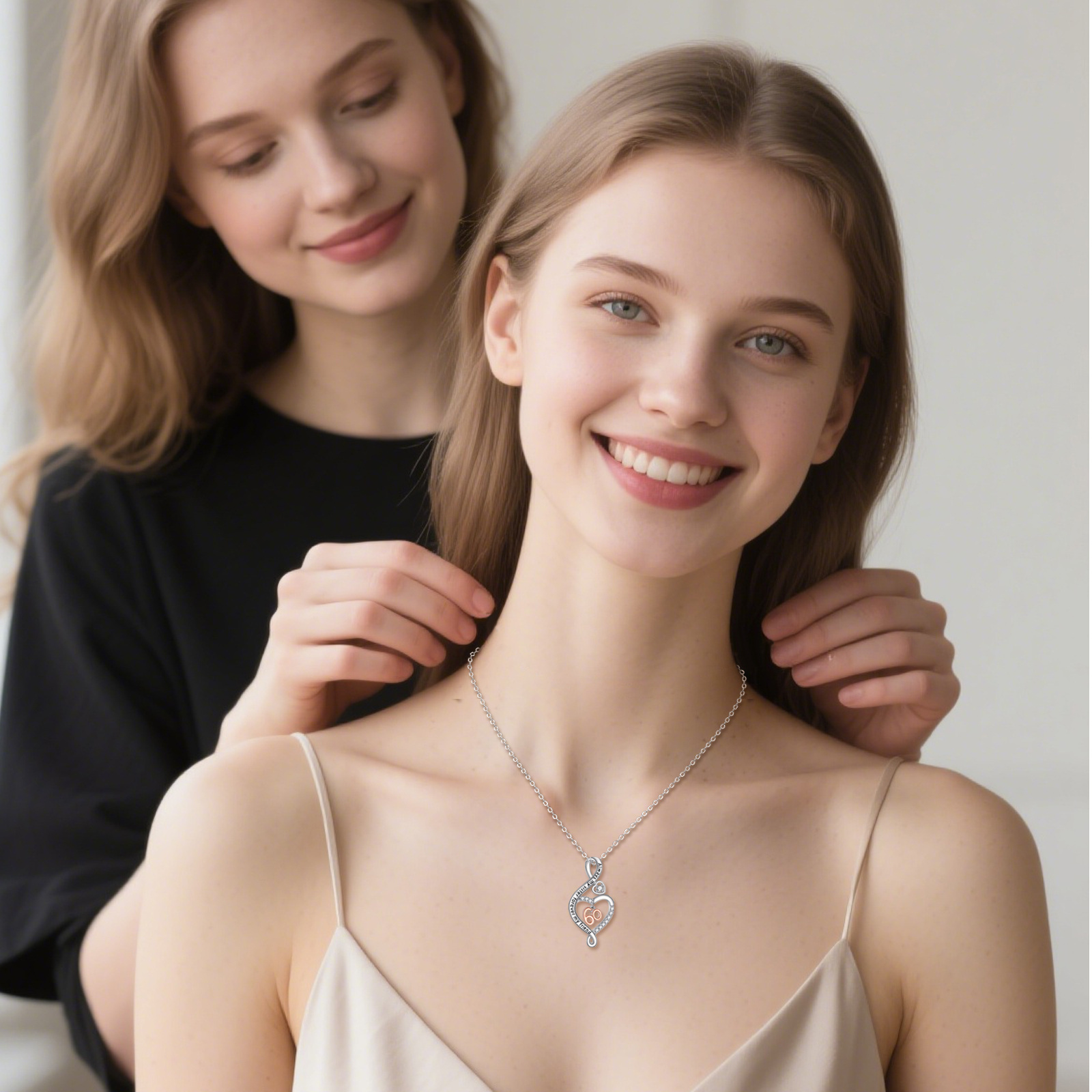 Women's 925 Sterling Silver Sister Heart Pendant Necklace